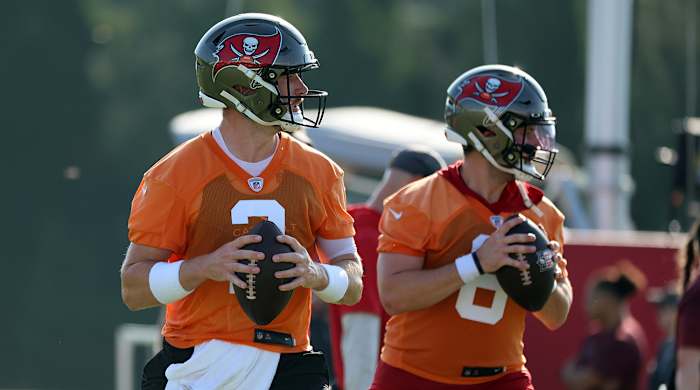 Tampa Bay Buccaneers quarterbacks Kyle Trask and Baker Mayfield